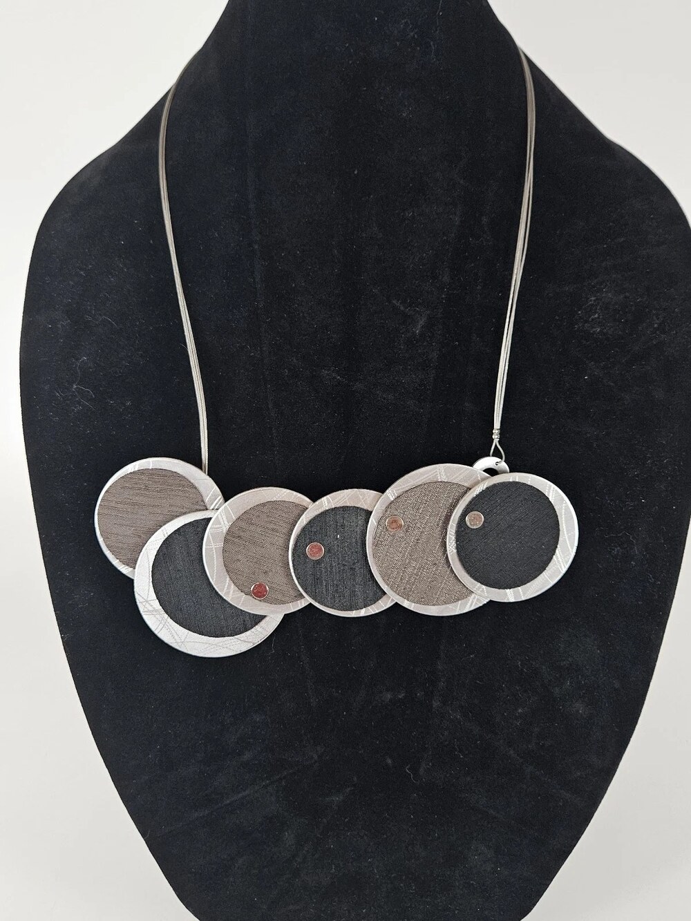 Modernist Statement Necklace 5 Circle Disc Pendant Silver Tone Black